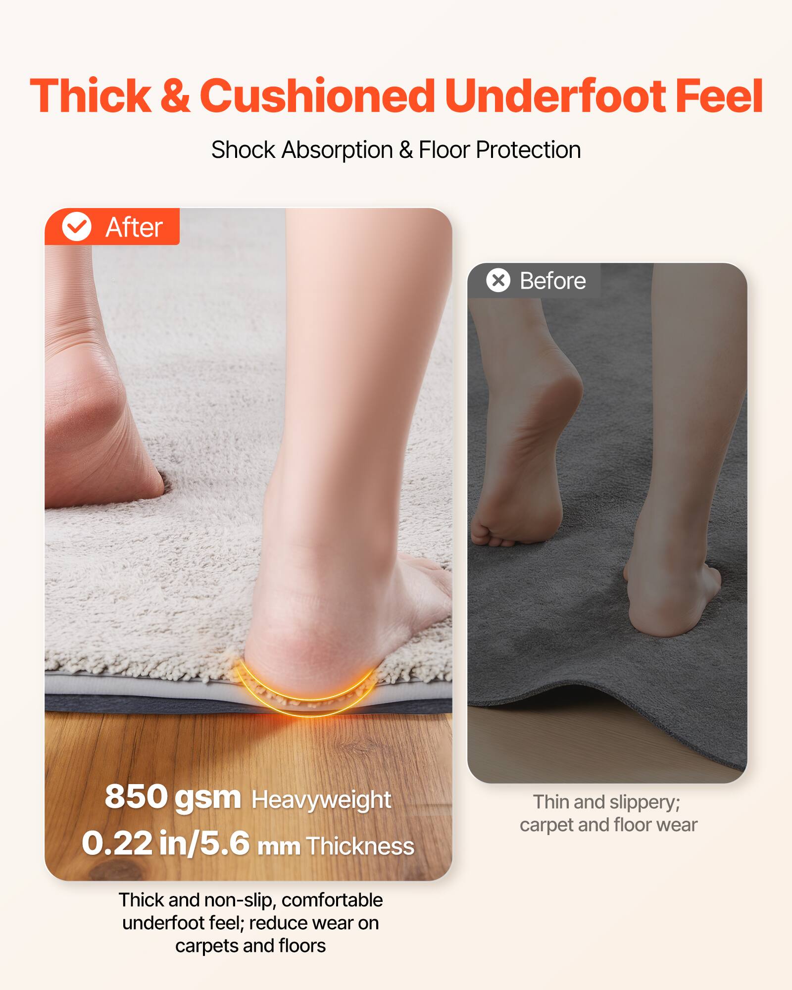 Thick & Cushioned Underfoot Feel  
Shock Absorption & Floor Protection  

After  
Before  

850 gsm Heavyweight  
0.22 in/5.6 mm Thickness  

Thin and slippery; carpet and floor wear  

Thick and non-slip, comfortable underfoot feel; reduce wear on carpets and floors