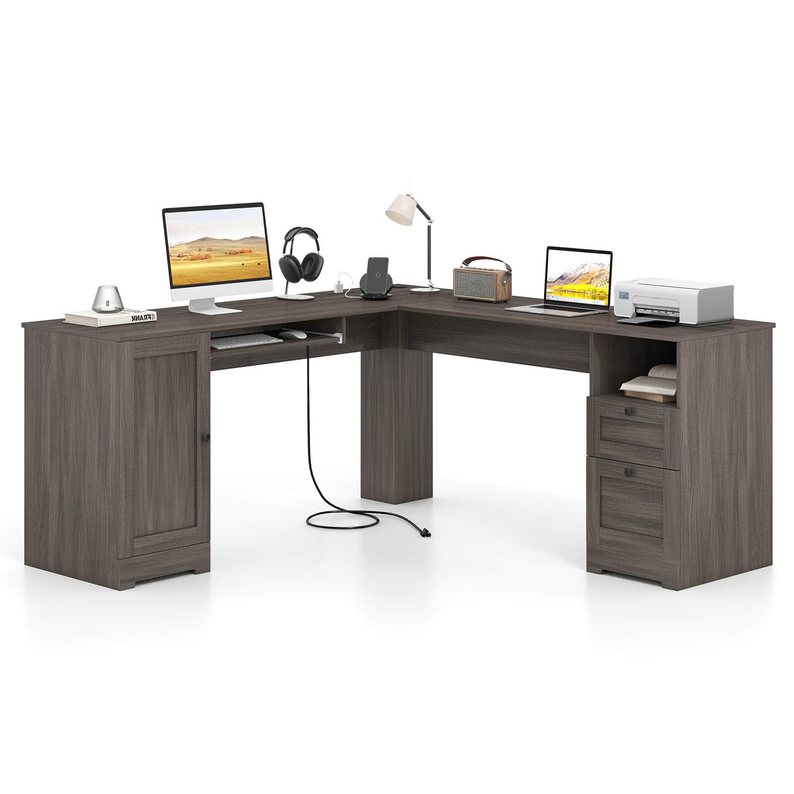 Costway - L-Shaped Corner Computer Desk Writing Table Study Workstation w/ Drawers - Gray