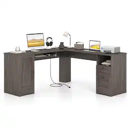 Costway - L-Shaped Corner Computer Desk Writing Table Study Workstation w/ Drawers - Gray