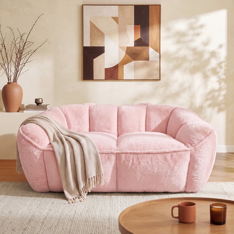 Vipbear - 65" Faux Fur Bean Bag Couch, 2 Seat Loveseat Sofa, Ultra Soft Floor Sofa with Memory Foam Filled for Living Room/Bedroom - Pink
