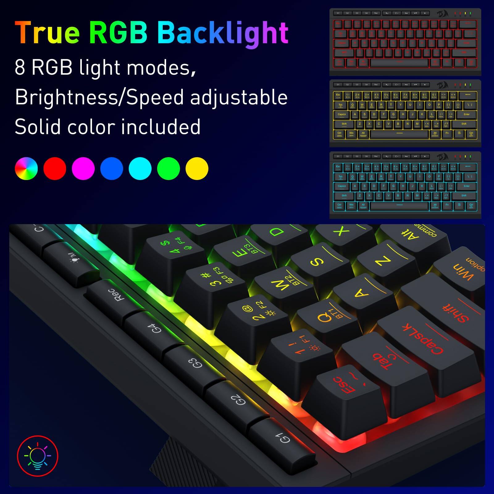 True RGB Backlight  
8 RGB light modes,  
Brightness/Speed adjustable  
Solid color included