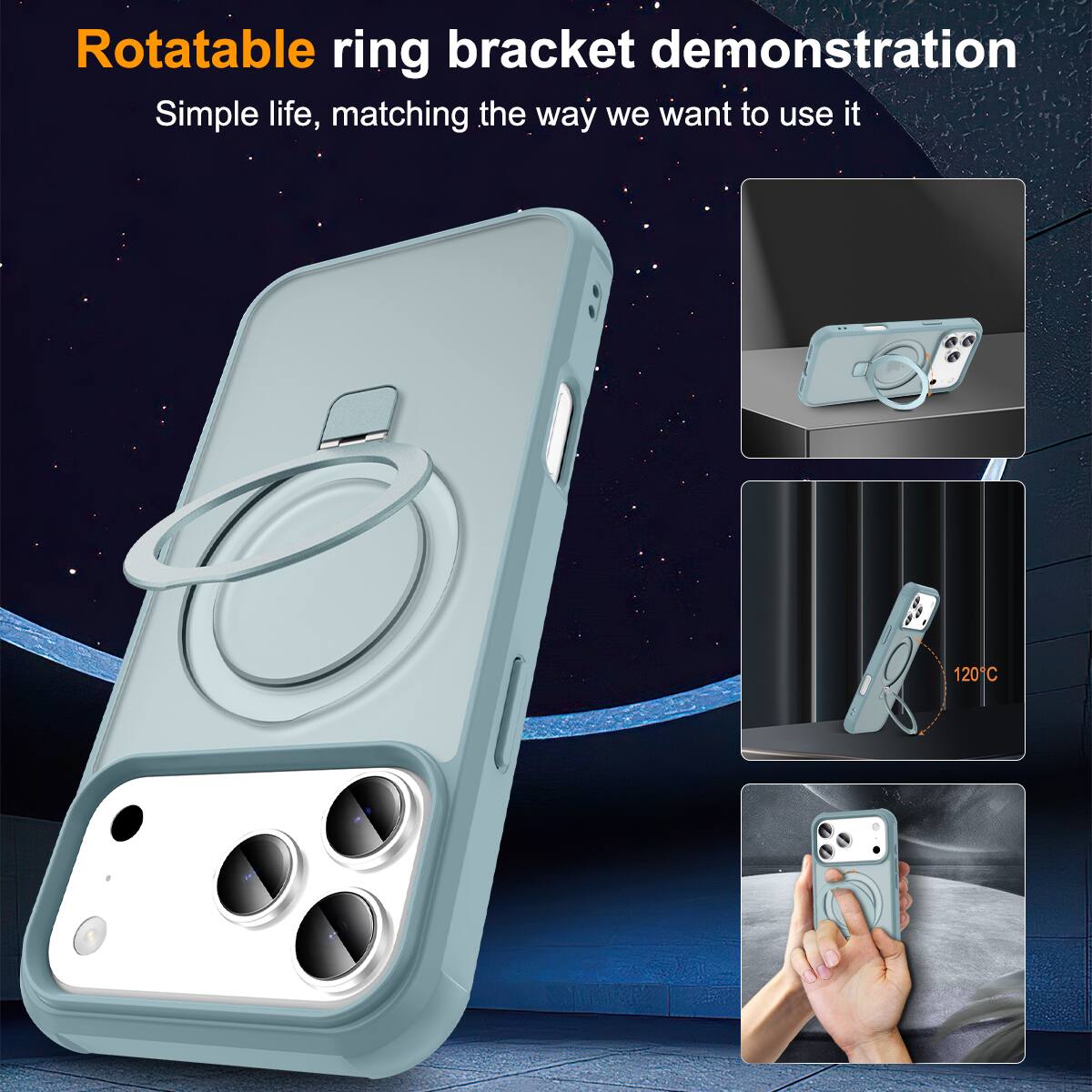 Rotatable ring bracket demonstration  
Simple life, matching the way we want to use it  

120°