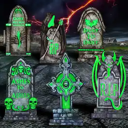 Joyfy - 16" Glow in The Dark Graveyard Tombstones – 6 Pcs Halloween Outdoor Headstones with 12 Metal Stakes for Yard, Lawn Decor - Multicolor