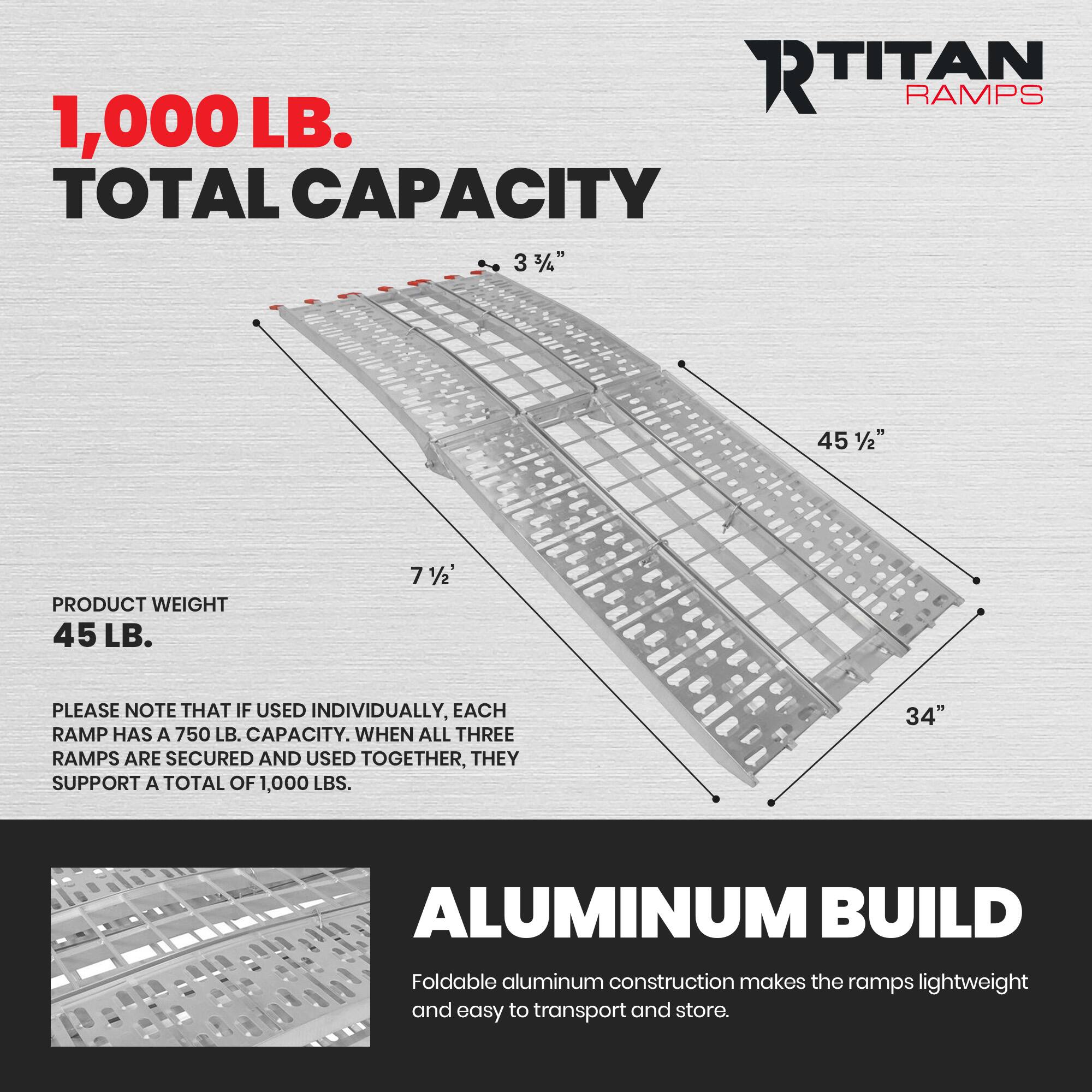 RTITAN R RAMPS  
1,000 LB. TOTAL CAPACITY  
3 3/4" x 45 1/2"  
PRODUCT WEIGHT 45 LB.  
7 1/2'  

PLEASE NOTE THAT IF USED INDIVIDUALLY, EACH RAMP HAS A 750 LB. CAPACITY. WHEN ALL THREE RAMPS ARE SECURED AND USED TOGETHER, THEY SUPPORT A TOTAL OF 1,000 LBS.  

34" ALUMINUM BUILD  
Foldable aluminum construction makes the ramps lightweight and easy to transport and store.