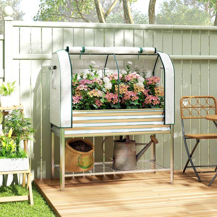 Alt View 1. PULUZ - Galvanised Raised Garden Bed with Greenhouse Cover, Metal Elevated Garden Bed with Bed Liner, Bottom Shelf - Silver.