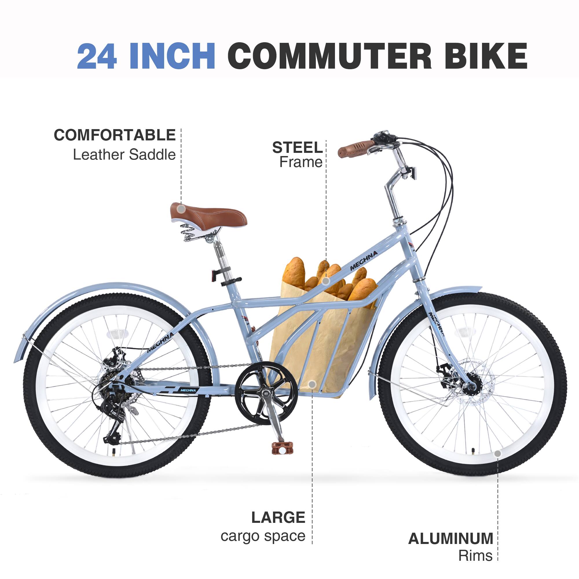 24 INCH COMMUTER BIKE

- COMFORTABLE Leather Saddle
- STEEL Frame
- LARGE cargo space
- ALUMINUM Rims
