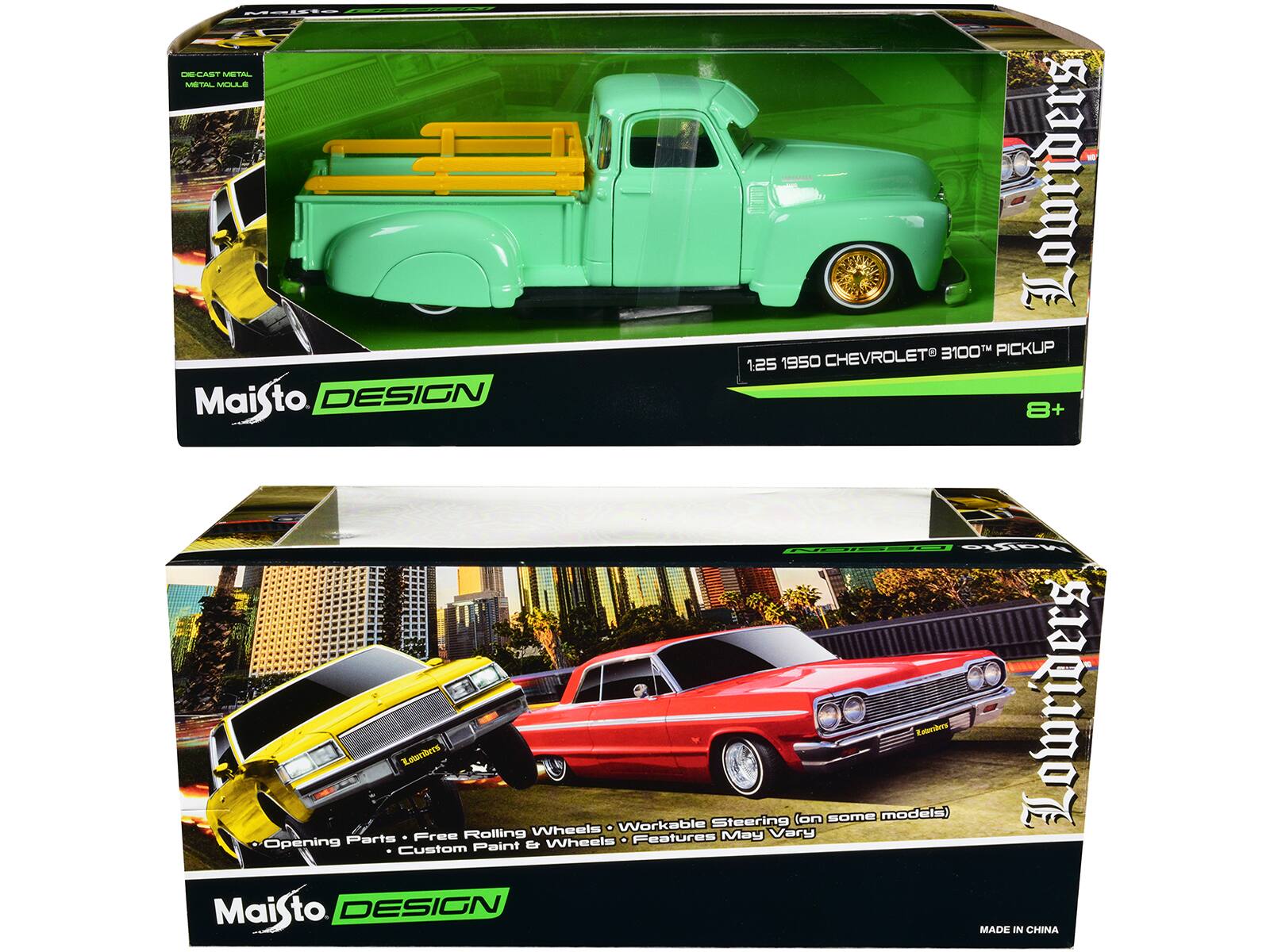 Die Cast Metal Metal Mule  
Maisto to DESIGN  
1:25 1950 Chevrolet 3100H Pickup  
8+  
EEE  
Leidie Newrbers  
Free Rolling Wheels  
Workable Steering (May Vary on some models)  
Entnres Lowriders  
Opening Parts & Wheels  
Features Custom Paint  
Maisto to DESIGN  
MADE IN CHINA
