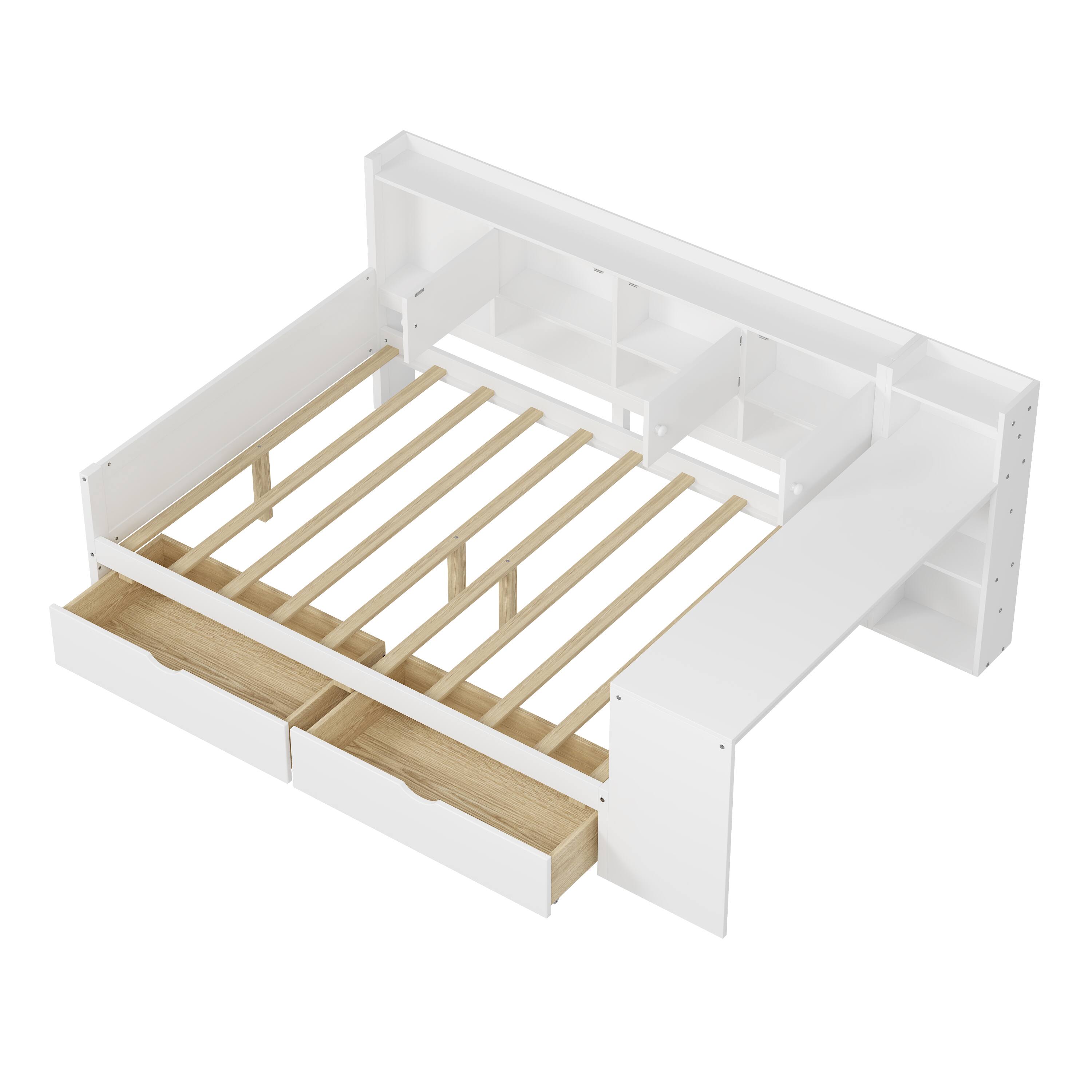 Alt View 4. Tiramisubest - Wooden L-Shape Daybed with Storage Cabinets and Drawers, Multi-functional Bed with Study Desk and Built-in Bookshelf - White.