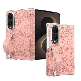 Dteck - Shockproof Case for Samsung Galaxy Z Fold8 with Wristband, Floral Leather Texture Rigid Plastic Hinge Protective Cover - Pink