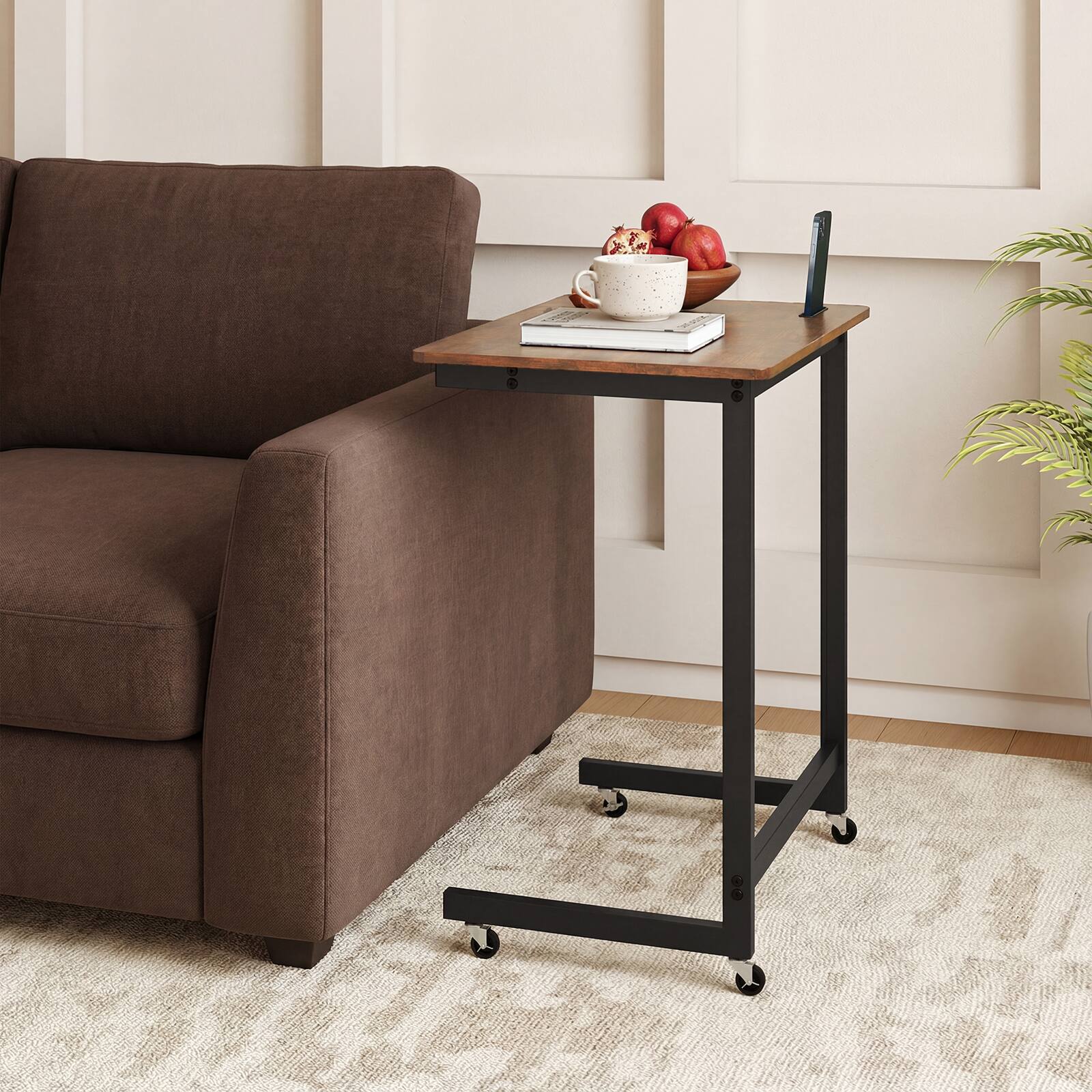 Alt View 1. Gymax - Gymax C-shaped End Table w/Wheels Built-in Phone Slot for Living Room Bedroom Brown - Brown.