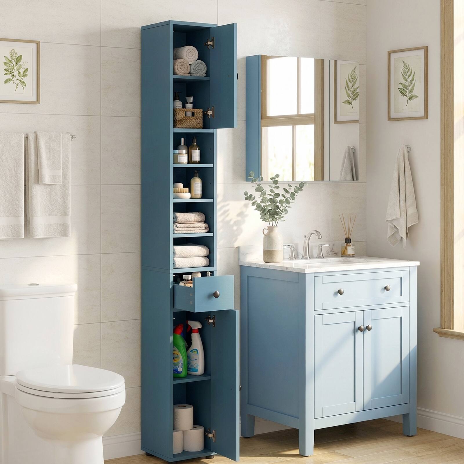 Alt View 1. Gymax - Gymax Set of 2 Slim Bathroom Tall Cabinet w/2 Doors 1 Drawer & 5 Adjustable Shelves Blue - Blue.
