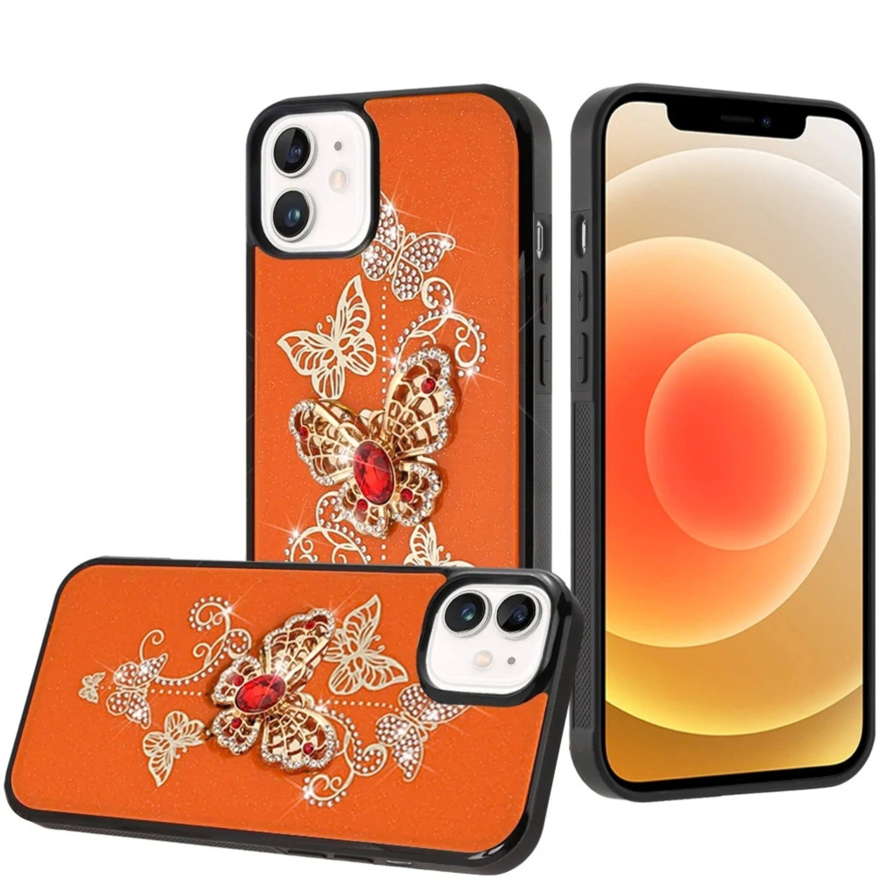 Front. Kitcheniva - Rhinestone Bling Decor Glitter Protective Phone Case With Tempered Glass For iPhone 12 12 Pro Garden Orange - Orange.