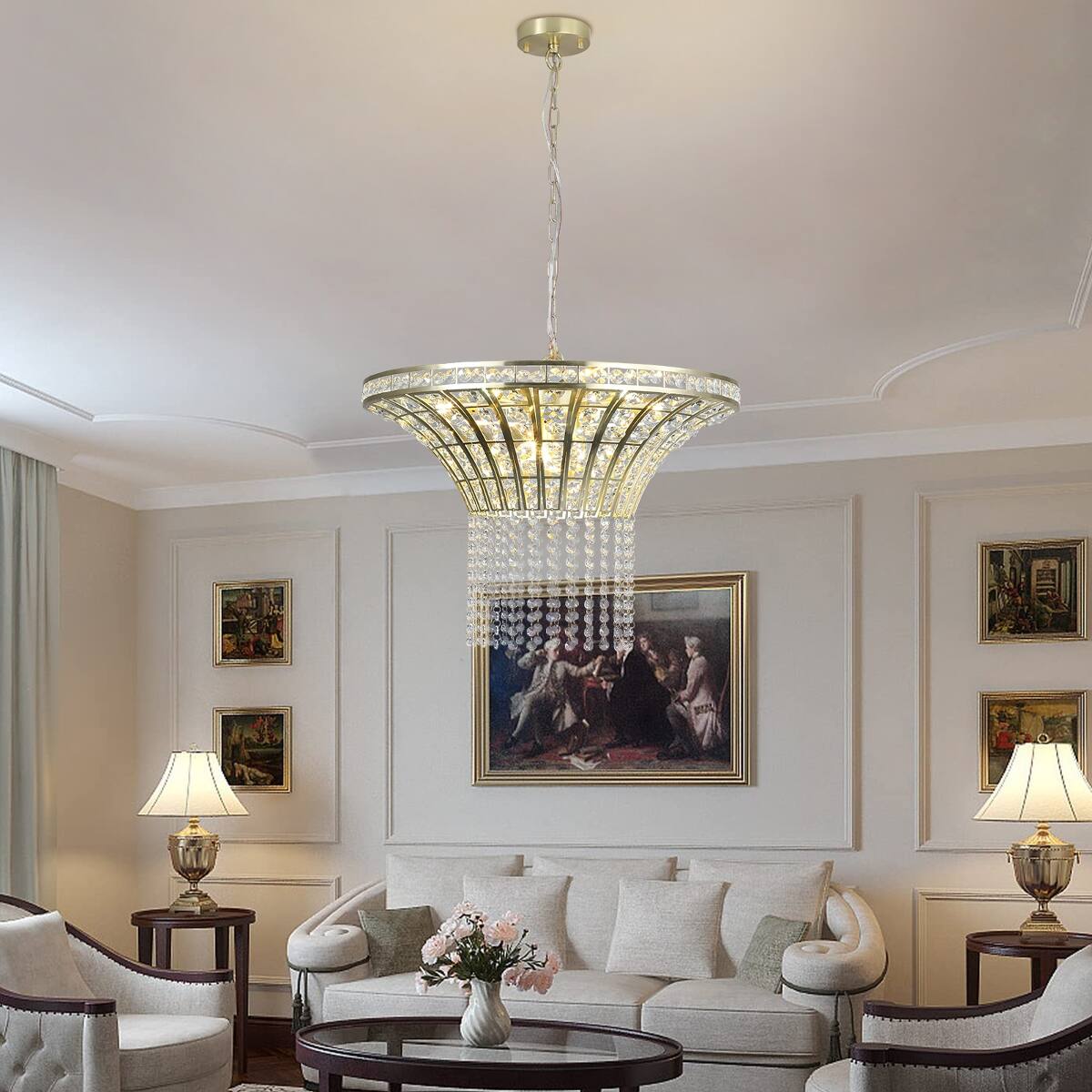 Angle. Loheer - Loheer 8-Light Crystal Waterfall Chandelier, Modern Living Room Lighting, Adjustable Height, Gold Finish.