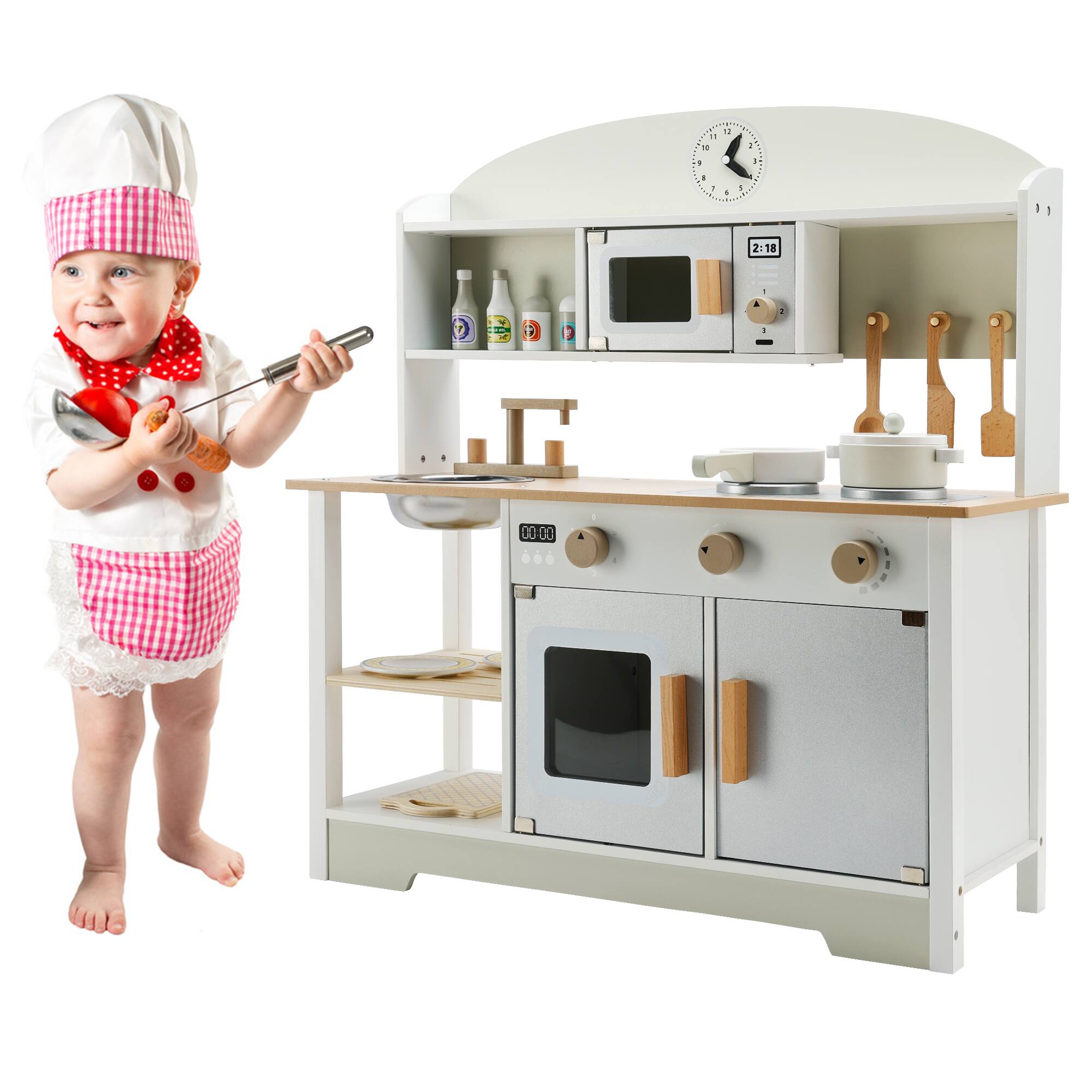 Angle. Topteng - Wooden Play Kitchen Set for Kids with Microwave & Cookware, Realistic Pretend Play, Durable Toy Gift for Boys and Girls.