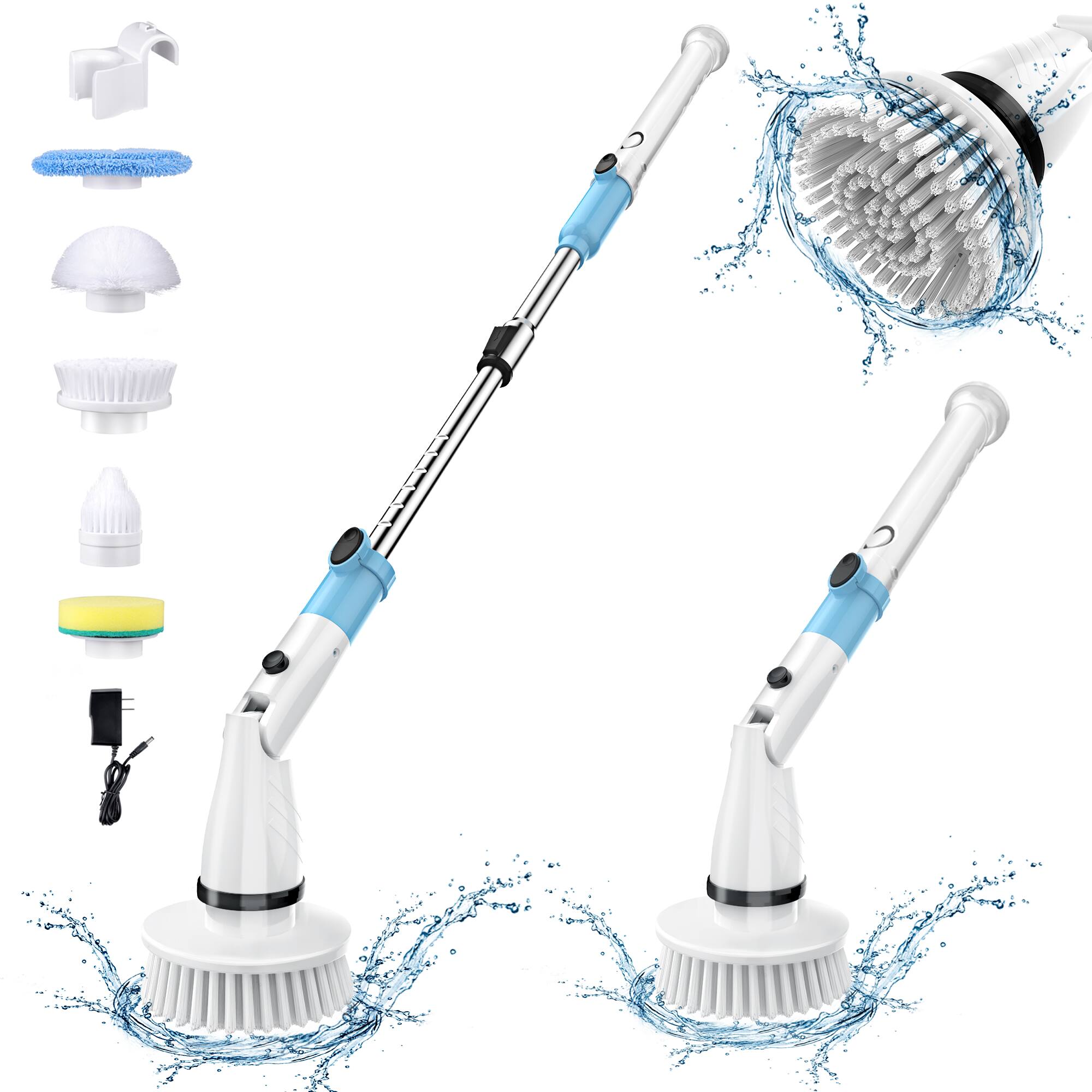 Front. GOODSILO - Cordless Electric Spin Scrubber with Replaceable Heads & Adjustable Handle - Off White+Blue.
