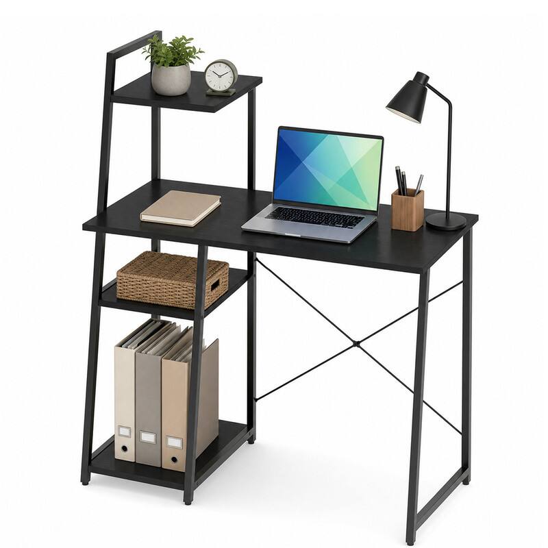 Left. WELLFOR - 39.5" Computer Desk with Shelves and 3-Tier Storage Bookshelf, Laptop PC Work Table Writing Desk for Small Spaces - Black.