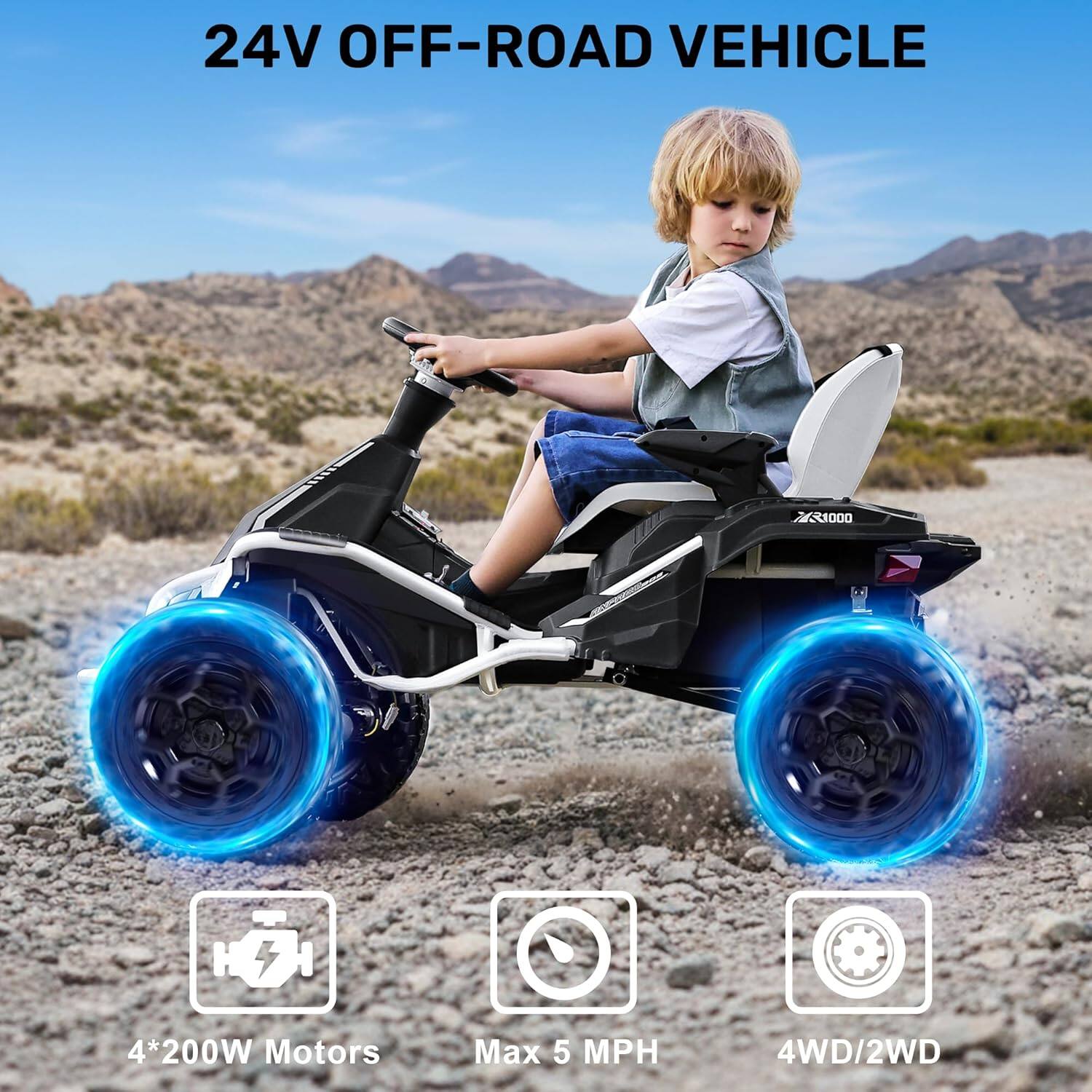 24V OFF-ROAD VEHICLE  
M31000  
4*200W Motors  
Max 5 MPH  
4WD/2WD
