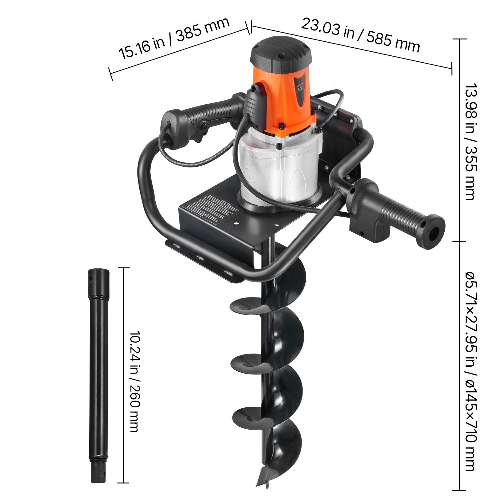 385 mm in | 15.16 in  
10.24 / 260 mm  
23.03 in | 585 mm  
13.98 in / 355 mm  
05.71x27.95 mm | 145x710