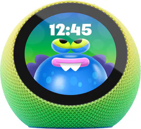 Front. Amazon - Amazon Kids Echo Time, kid-tuned Alexa, customizable clock face, with 1 year of Kids+, parental controls, sleep support - Cosmic Lime.
