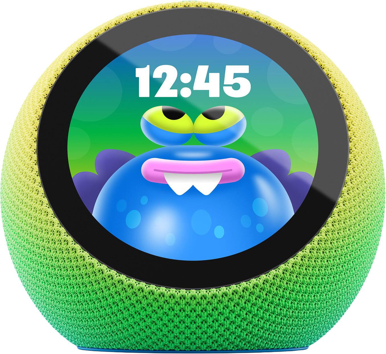 Front. Amazon - Amazon Kids Echo Time, kid-tuned Alexa, customizable clock face, with 1 year of Kids+, parental controls, sleep support - Cosmic Lime.