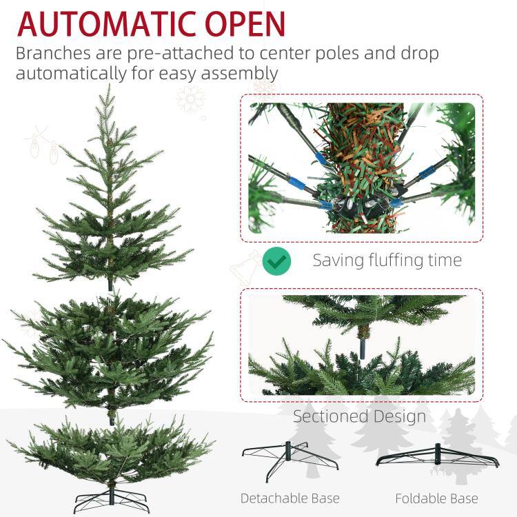 AUTOMATIC OPEN  
Branches are pre-attached to center poles and drop automatically for easy assembly  
Saving fluffing time  
Sectioned Design  
Detachable Base  
Foldable Base