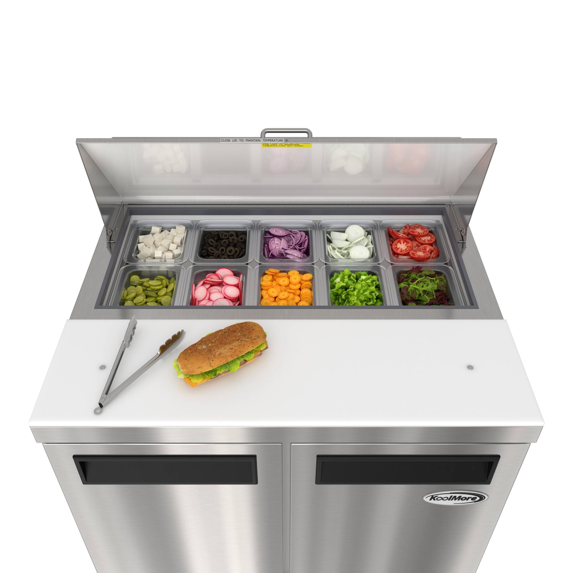 Back. Koolmore - 36 in. Commercial 2-Door Refrigerated Salad and Sandwich Prep Table, 10 Pan Capacity and 11 Cu. Ft. of Storage - Stainless steel.