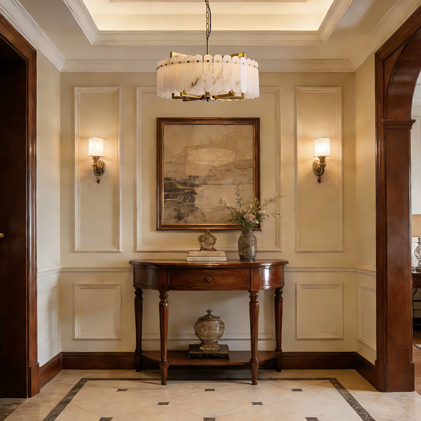 Alt View 3. Siljoy - 24 Inch Luxury Alabaster Drum Chandelier Brushed Gold Circular Pendant Light for Living Room Dining Room Bedroom - Brass.