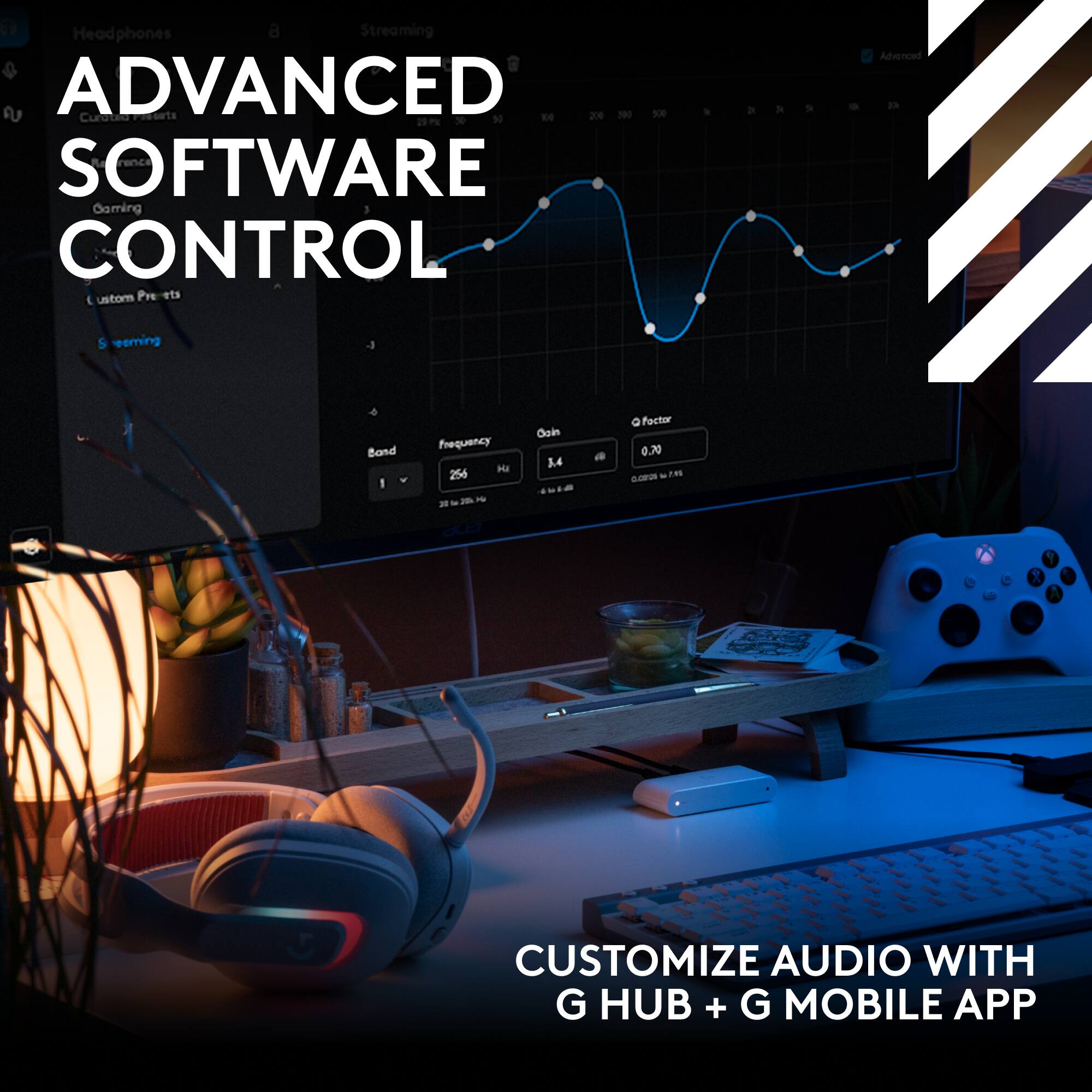 Headphones, Streaming, Advanced Software Control, Gaming, Curateo N, 200, 200, 20, Pre-sets, 5.4, 0.70, Customize Audio with G HUB + G Mobile App.