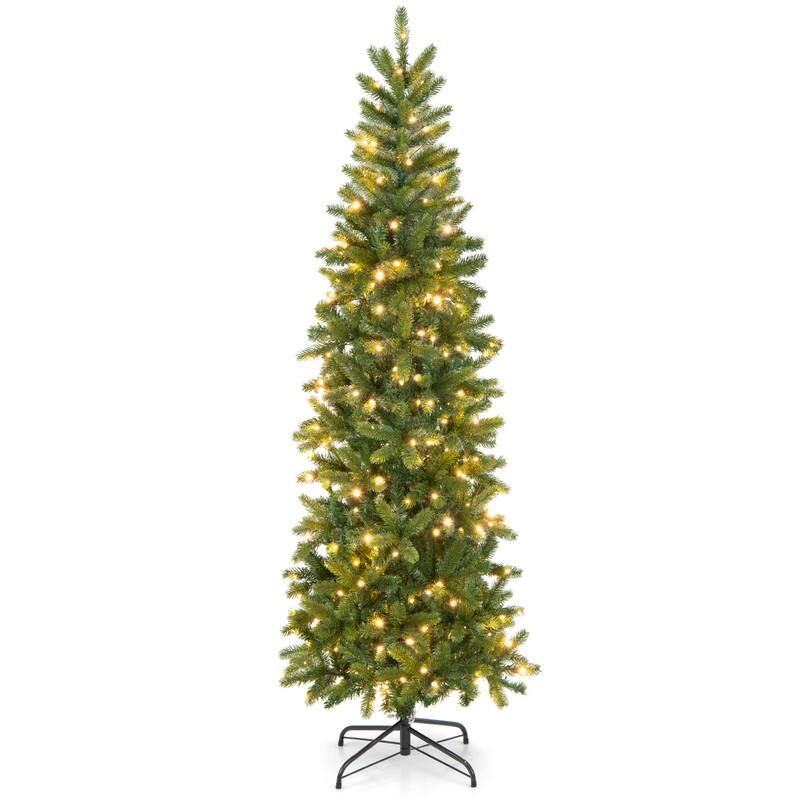 Alt View 5. WELLFOR - 6 ft Pre‑Lit Pencil Artificial Christmas Tree with 648 PE & PVC Mixed Tips, 270 Dual‑Color LED Lights& Foot Pedal - Green.