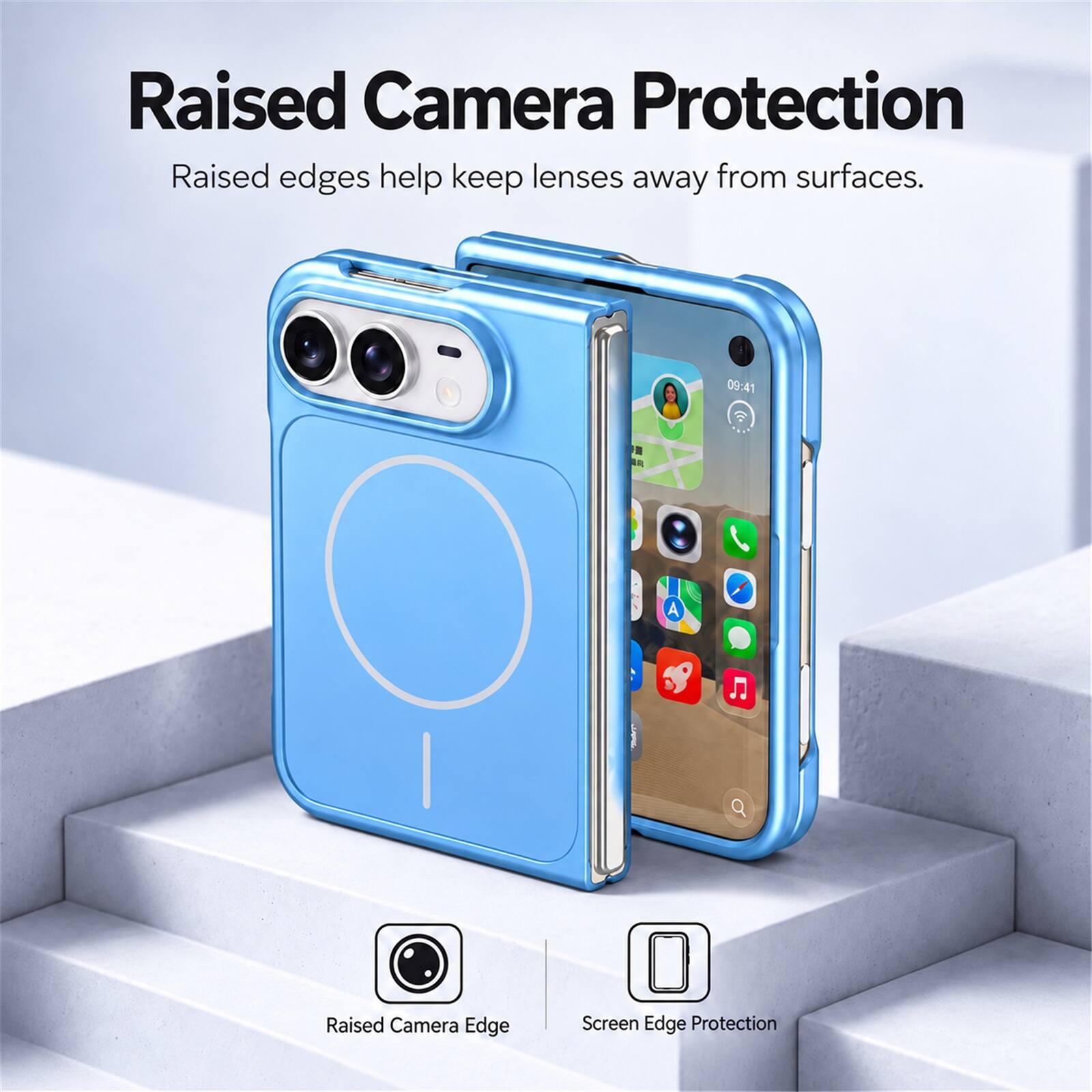 Raised Camera Protection  
Raised edges help keep lenses away from surfaces.  

Raised Camera Edge  
Screen Edge Protection