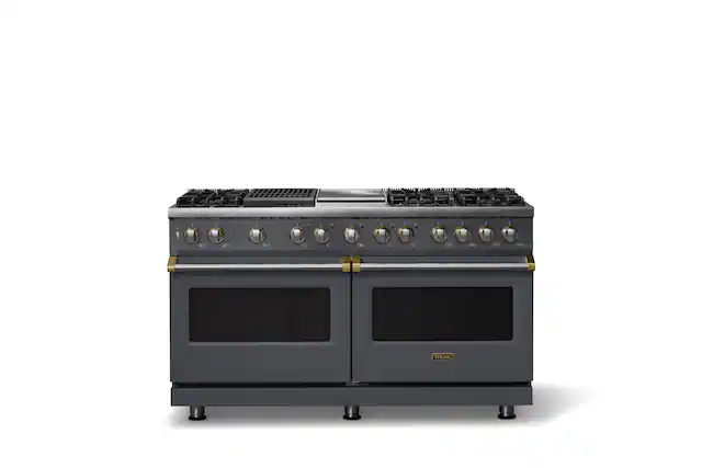 Front. Viking - 60 in. Wide 8 Burner Pro 5 Series 9.4 Cu. Ft. Freestanding Sealed LP Dual Fuel ConvectionRange with Brushed Brass Trim - Cast Black.