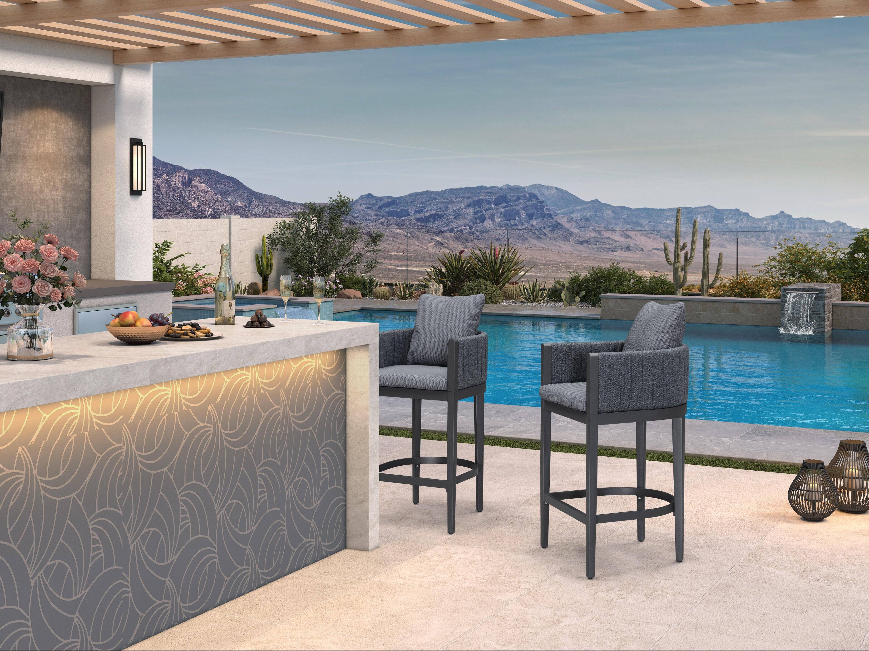 Alt View 1. PURPLE LEAF - Outdoor Bar Height Stool Set of 2 Aluminum Modern Olefin Barstools with Backrest Pillow for Garden Balcony Lawn - Grey & Square Base-Bar Stool.