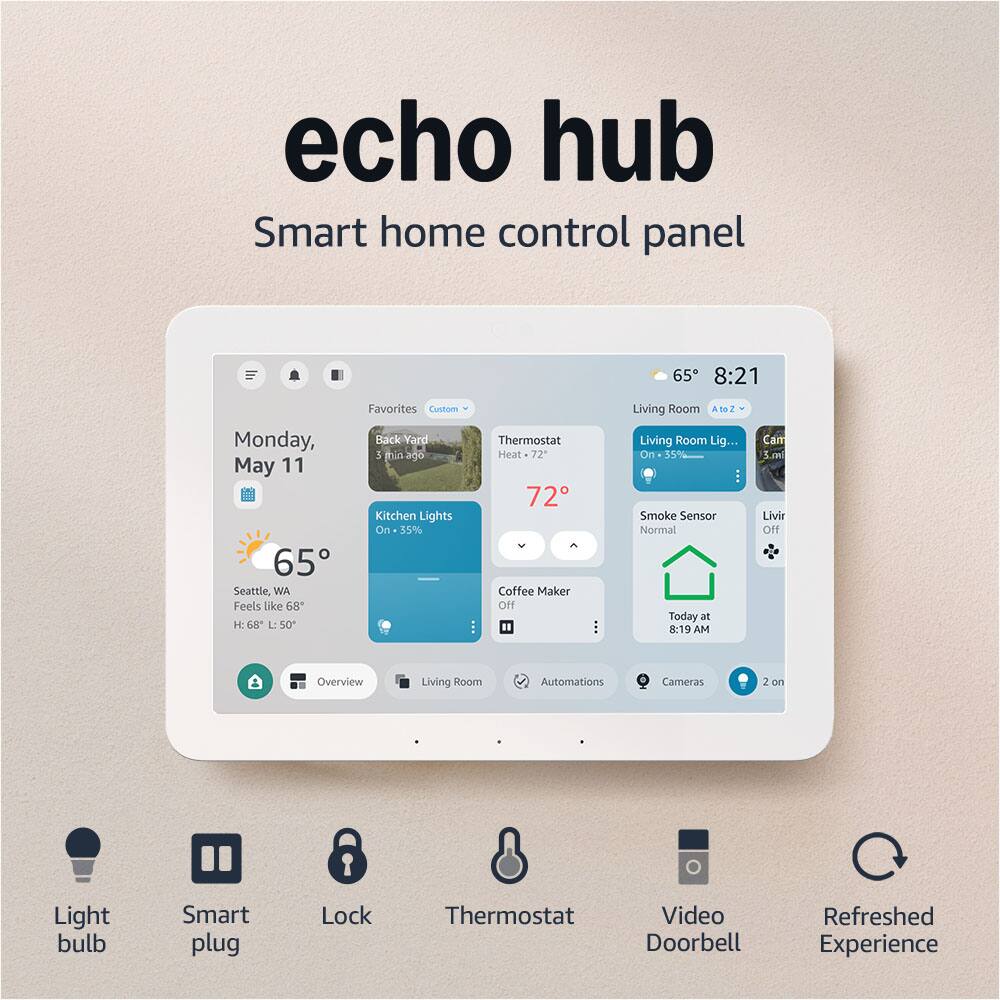 echo hub Smart home control panel

65° 8:21 Monday, May 11

Seattle, WA
Feels like 68°
H: 68° L: 50°

Favorites Custom
Back Yard 3 min ago

Kitchen Lights On 35%
Thermostat Heat 72°
Coffee Maker Off

Living Room
Living Room Lig... On 35%
Smoke Sensor Normal
Today at 8:19 AM

Cam Lm Livir Off

Overview
Living Room
Automations
Cameras 2 on

Light bulb
Smart plug
Lock
Thermostat
Video Doorbell
Refreshed Experience