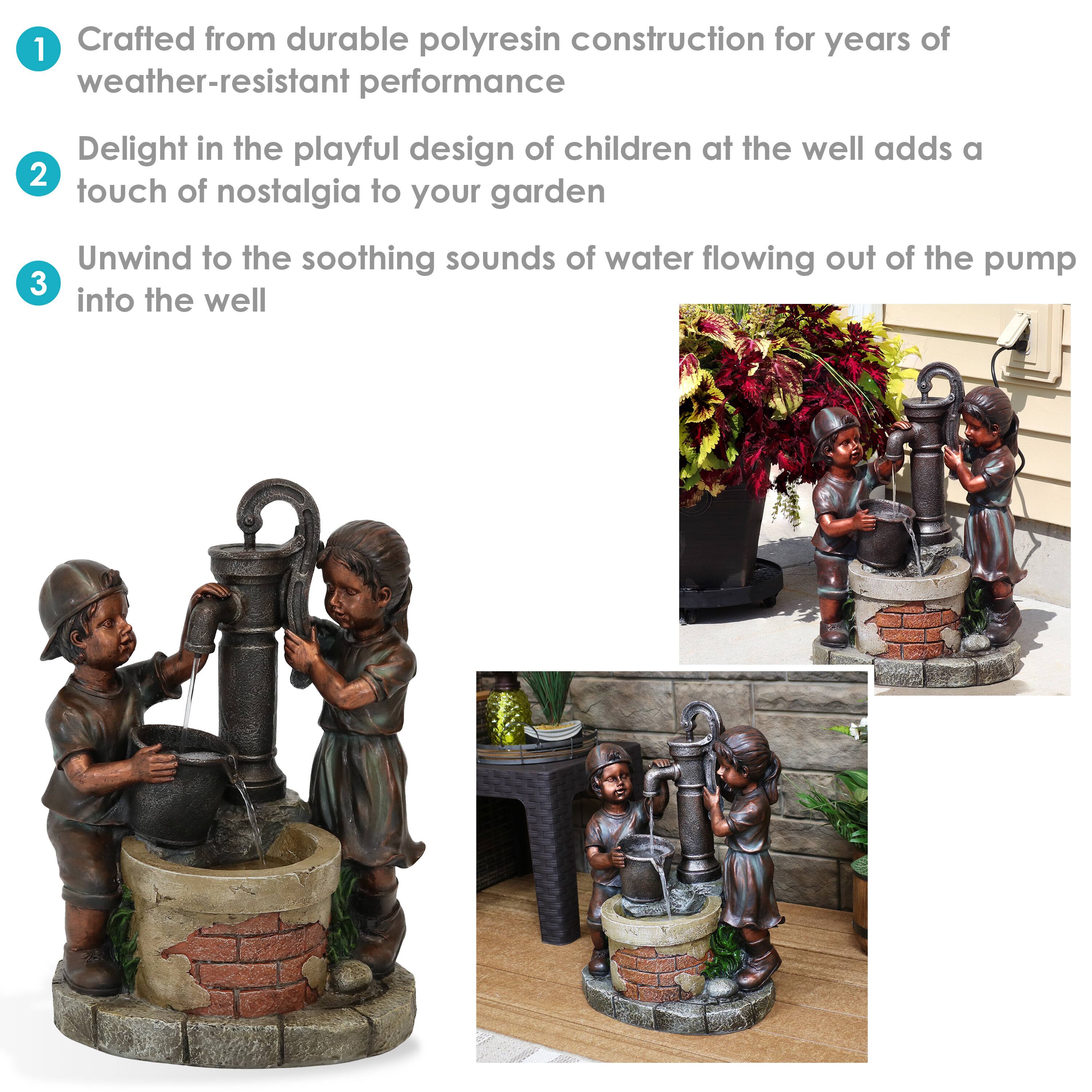 1. Crafted from durable polyresin construction for years of weather-resistant performance
2. Delight in the playful design of children at the well, adding a touch of nostalgia to your garden
3. Unwind to the soothing sounds of water flowing out of the pump into the well