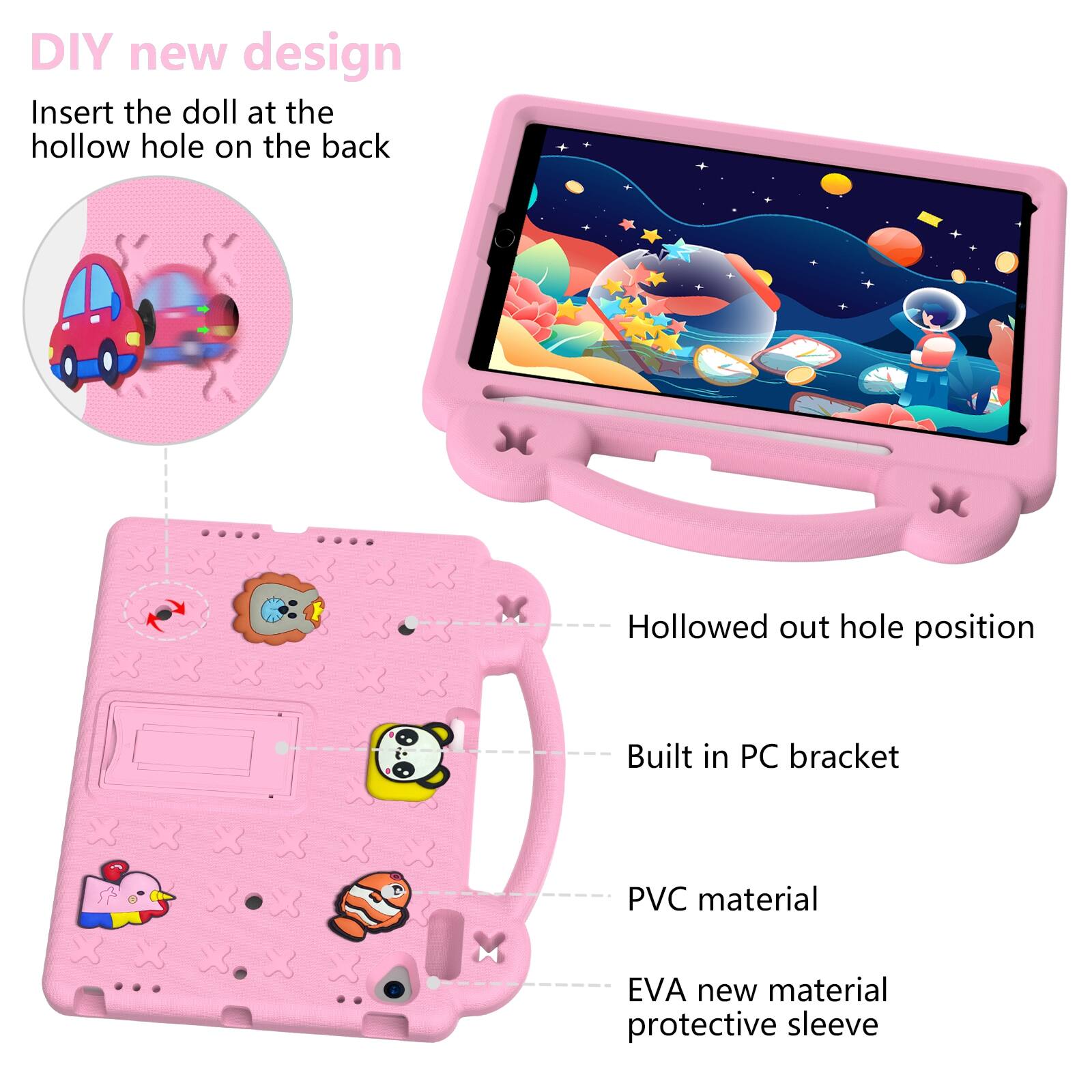DIY new design  
Insert the doll at the hollow hole on the back  

Hollowed out hole position  
Built in PC bracket  
PVC material  
EVA new material protective sleeve