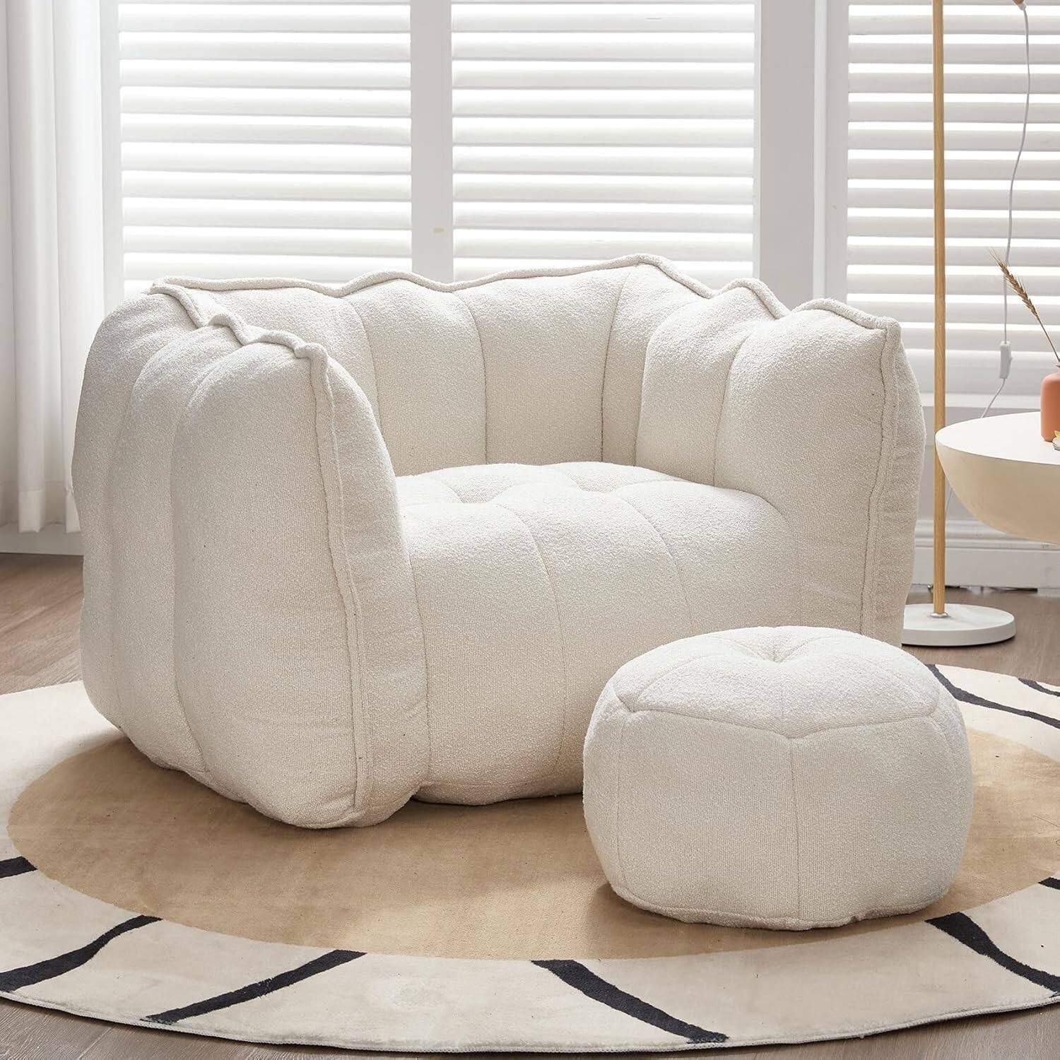 Trinkets Crazed - Chenille Giant Bean Bag Sleeper Chair with Ottoman, Adults and Kids Lazy Floor Sofa Couch - beige