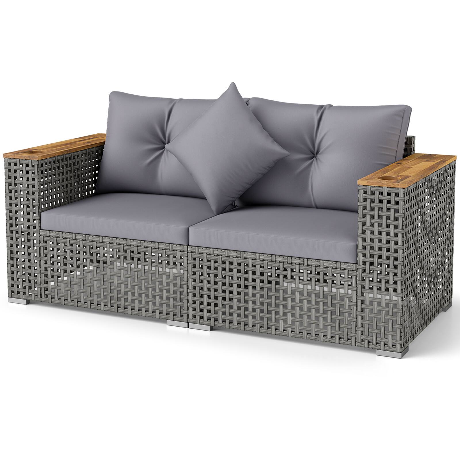 Alt View 8. Gymax - Gymax Set of 2 Patio Corner Sofa Set w/Thick Cushions Wide Acacia Wood Armrests for Garden Gray - Grey.