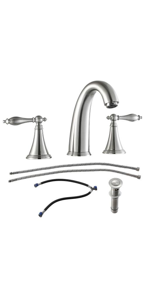 Back. JUJABU - 2 Handle Widespread Bathroom Faucet 3 Hole with Pop Up Drain and 2 Water Supply Lines, Brushed Nickel - Brushed Nickel.