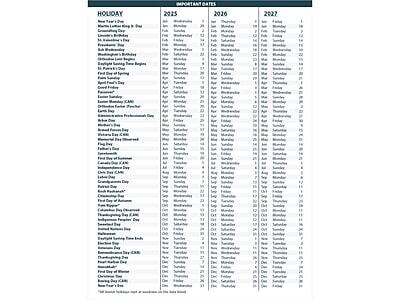 **Important Dates**

| Holiday | 2025 | 2026 | 2027 |
|---------|------|------|------|
| New Year's Day | Monday, January 1 | Thursday, January 1 | Friday, January 1 |
| Martin Luther King Jr. Day | Monday, January 15 | Monday, January 16 | Monday, January 16 |
| Washington's Birthday | Monday, February 19 | Monday, February 13 | Monday, February 13 |
| Presidents' Day | Monday, February 19 | Monday, February 13 | Monday, February 13 |
| Good Friday | Friday, March 29 | Friday, April 13 | Friday, April 13 |
| Easter Sunday | Sunday, April 1 | Sunday, April 16 | Sunday, April 9 |
| Easter Monday | Monday, April 2 | Monday, April 17 | Monday, April 10 |
| Confederate Memorial Day | Monday, April 23 | Monday, April 17 | Monday, April 16 |
| Emancipation Day | Monday, April 16 | Monday, April 16