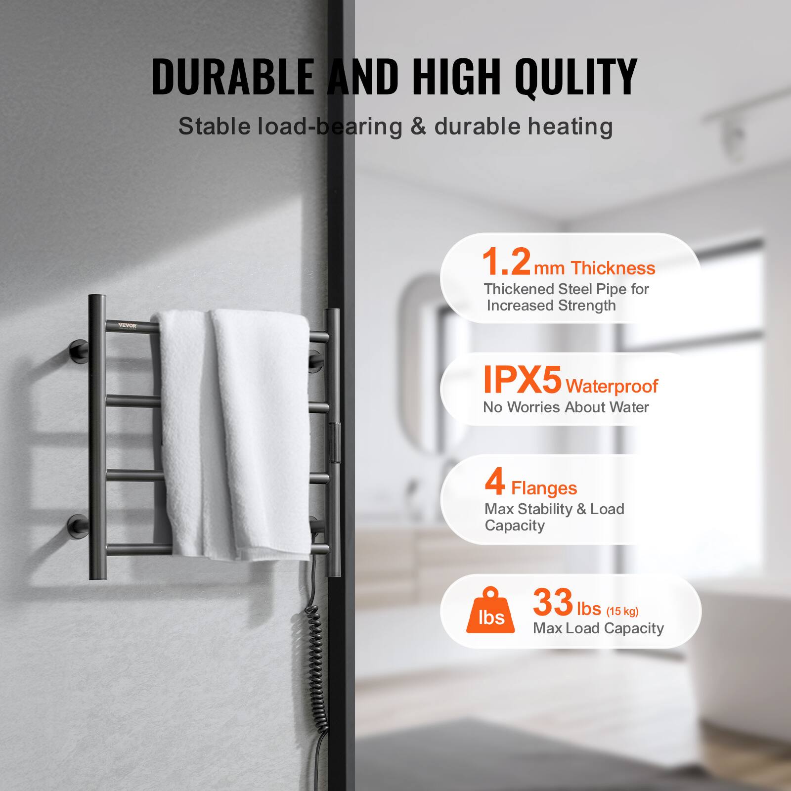 DURABLE AND HIGH QUALITY  
Stable load-bearing & durable heating  

1.2 mm Thickness  
Thickened Steel Pipe for Increased Strength  

IPX5 Waterproof  
No Worries About Water  

4 Flanges  
Max Stability & Load Capacity  

33 lbs (15 kg)  
Max Load Capacity