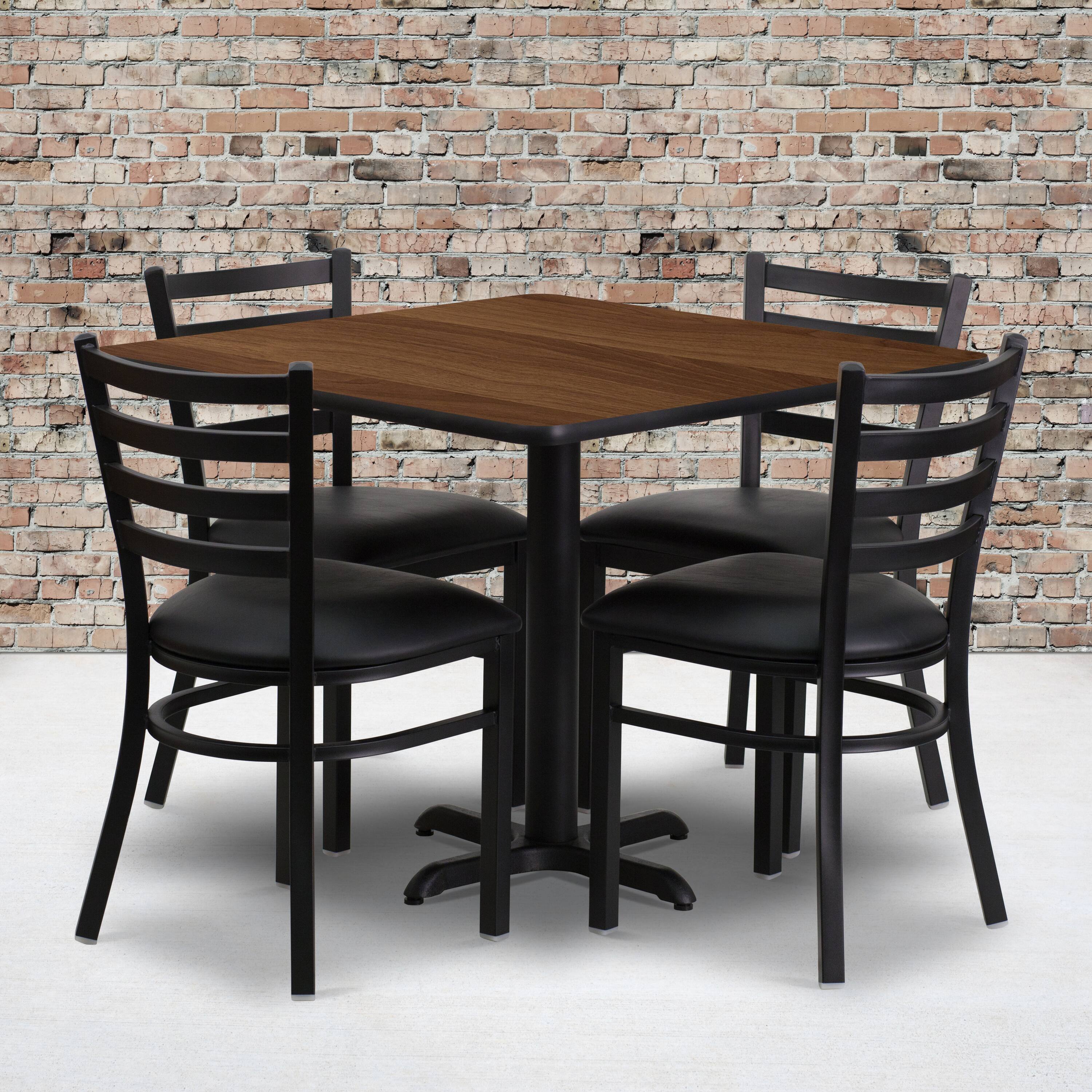 Alt View 1. Emma + Oliver - 36" Square Laminate X-Base Table Set with 4 Ladder Back Chairs - Walnut Top/Black Vinyl Seat.