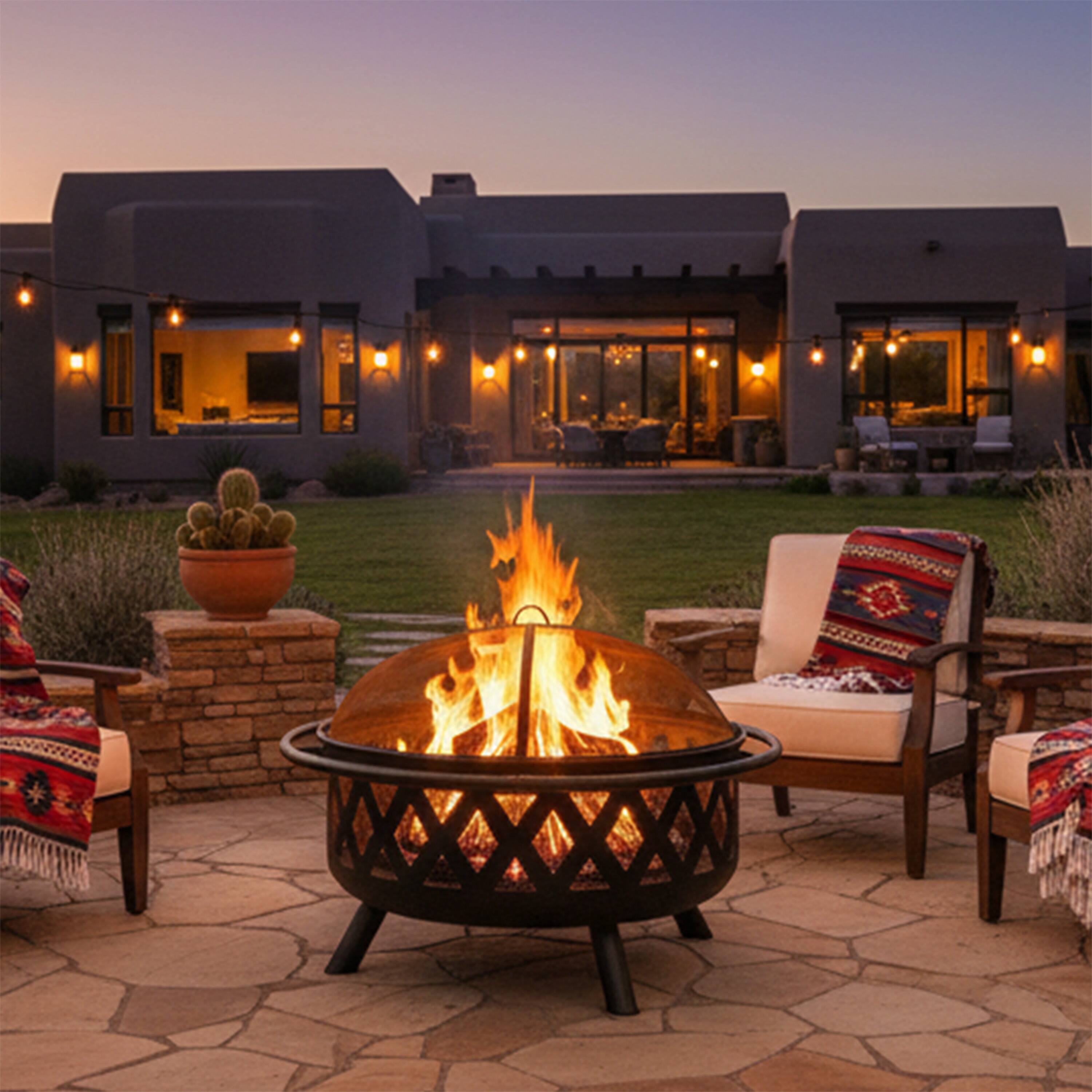 Alt View 2. Sunnydaze - 36 in Crossweave Steel Fire Pit with Screen, Poker, and Cover - Black.