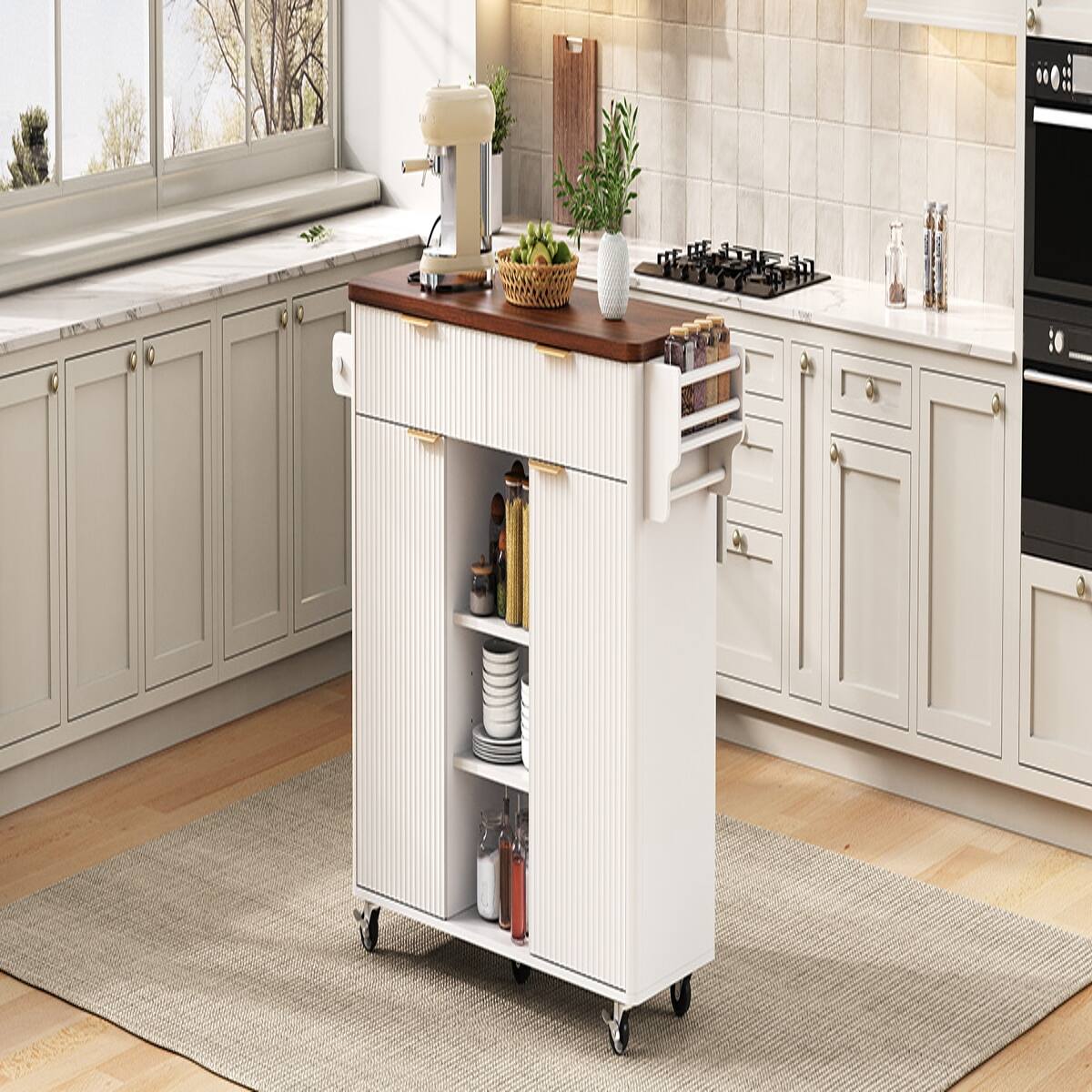 Alt View 7. Loheer - Loheer 52-Inch White Kitchen Island with Drop Leaf, Walnut Top, Rolling Kitchen Island with Storage and Power Outlet - White.