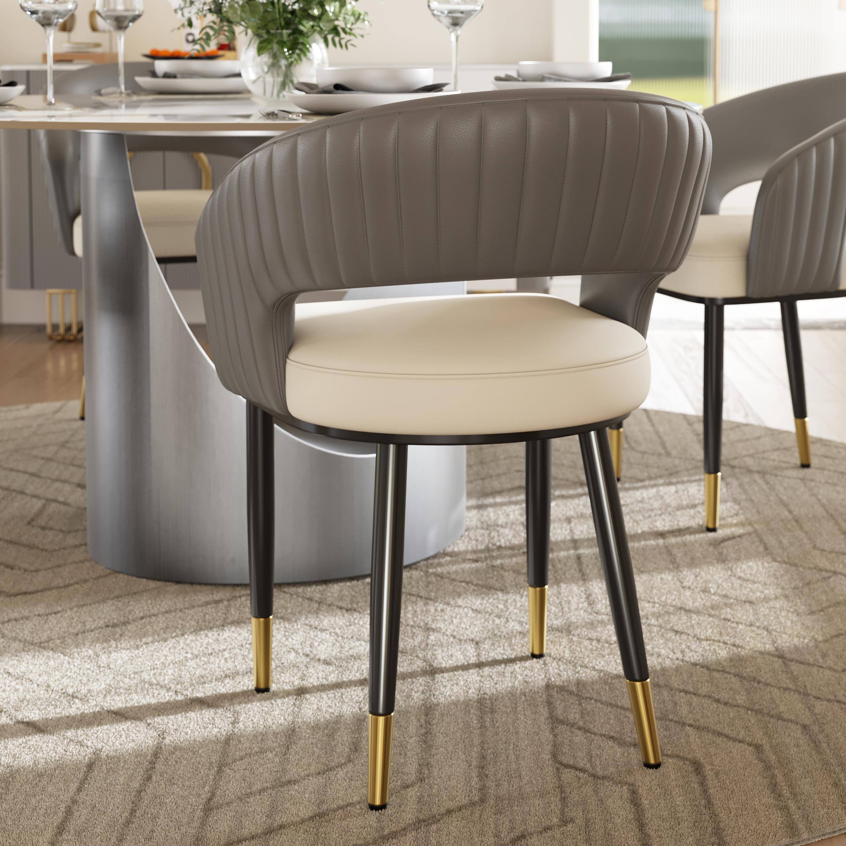 Back. POVISON - Modern Upholstered Dining Chairs Set of 2, Barrel Chairs with Open Back, Faux Leather Dining Chairs, Gray & Beige - Beige & Gray.