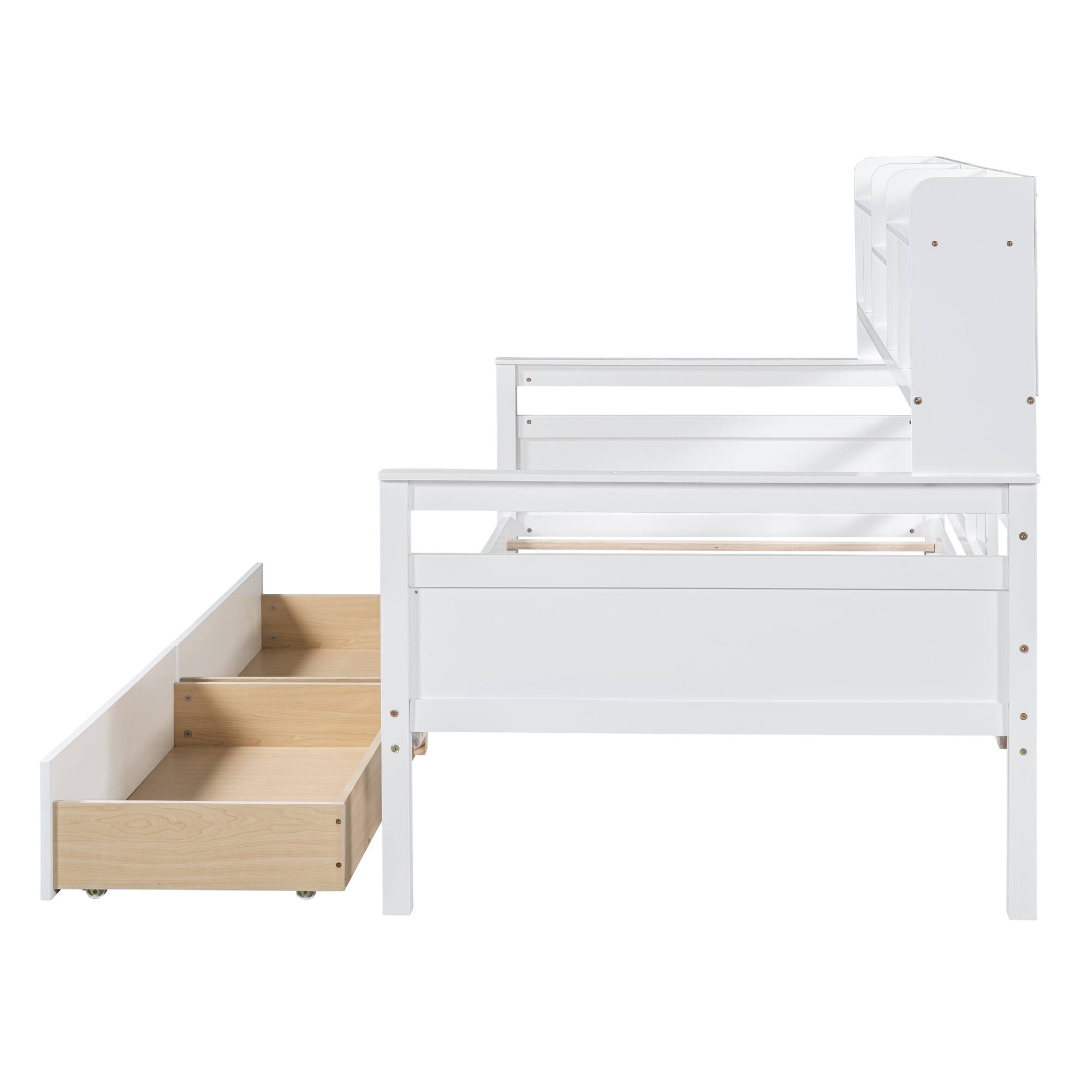 Alt View 2. Aukfa - Twin size Daybed, Wood Slat Support, with Bedside Shelves and Two Drawers - White.