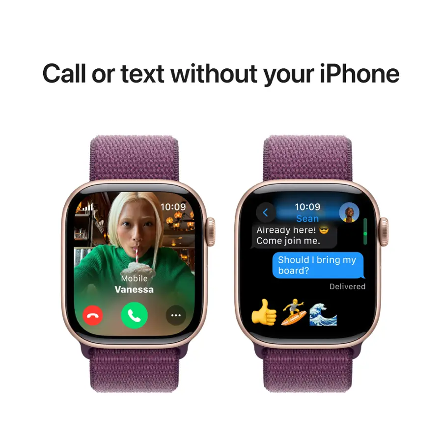 The text on the image reads: "Call or text without your iPhone. 10:09 10:09 Sean Aiready here! Come join me. Mobile Vanessa ... Should I bring my board? Delivered."