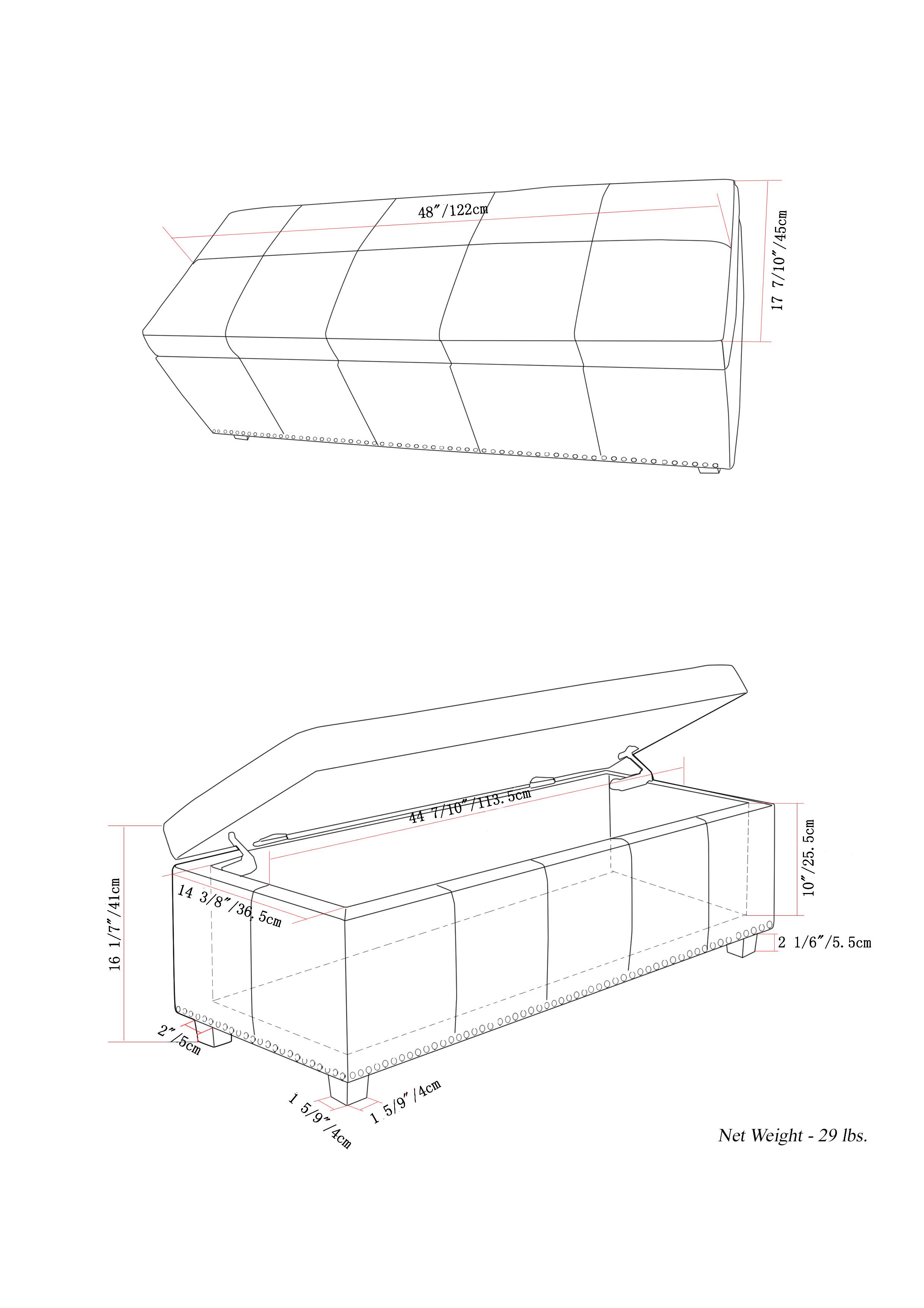 48" / 122cm  
17 1/4" / 45cm  
16 3/8" / 36.5cm  
14 3/8" / 36.5cm  
2 1/2" / 5cm  
1 5/8" / 4cm  
1 5/8" / 4cm  
1 5/8" / 4cm  
1 5/8" / 4cm  
1 5/8" / 4cm  
1 5/8" / 4cm  
1 5/8" / 4cm  
1 5/8" / 4cm  
1 5/8" / 4cm  
1 5/8" / 4cm  
1 5/8" / 4cm  
1 5/8" / 4cm  
1 5/8" / 4cm  
1 5/8" / 4cm  
1 5/8" / 4cm  
1 5/8" / 4cm  
1 5/8" / 4cm  
1 5/8