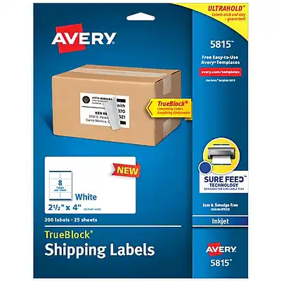 ULTRAHOLD®
Leaves stick end stay put
AVERY
5815
Free Easy-to-Use Avery Templates
avery.com/templates
NEW
TrueBlock®
Completely Covers
Embossed & Textured Surfaces
SURE FEED®
TECHNOLOGY
Jam & Smudge Free
Inkjet
White
2½" x 4"
200 labels - 25 sheets
TrueBlock®
Shipping Labels
AVERY
5815