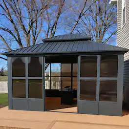 PURPLE LEAF - Sunroom Outdoor Hardtop Gazebo Gray Aluminum Frame Galvanized Steel Double Roof All-Weather Screen House - 10' X 13'