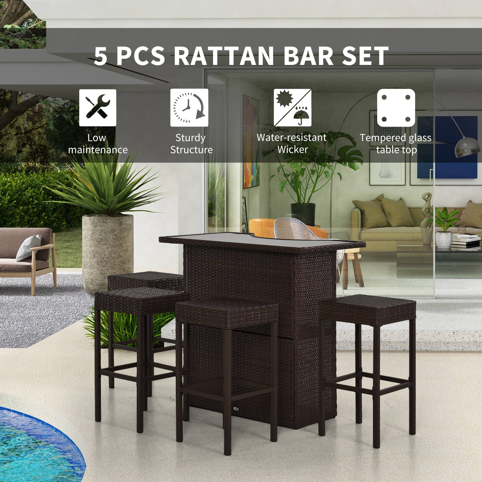 5 PCS RATTAN BAR SET
Low maintenance
Sturdy Structure
Water-resistant Wicker
Tempered glass table top